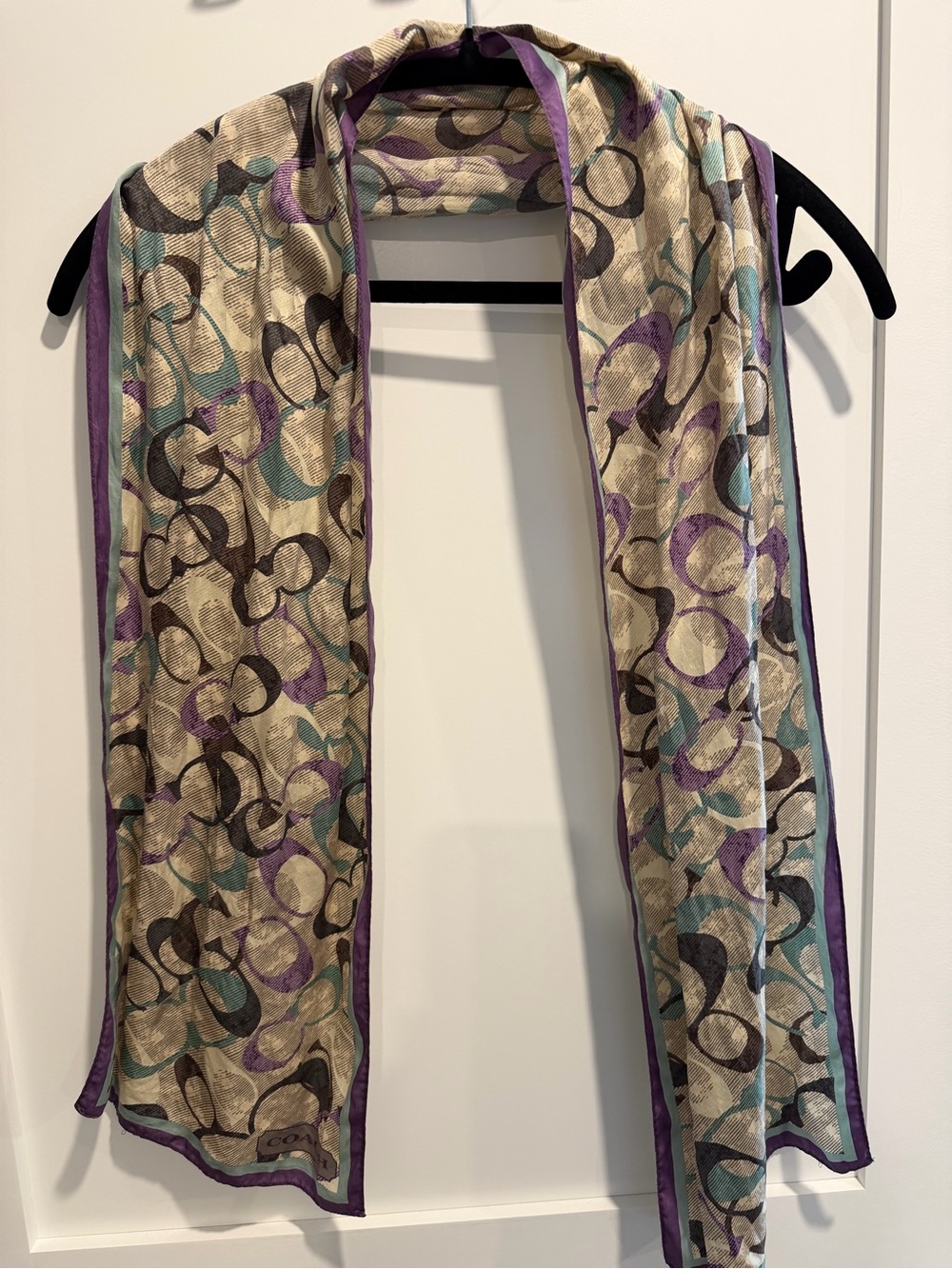 Coach Beige Signature Loop Scarf with Purple & Teal Accents